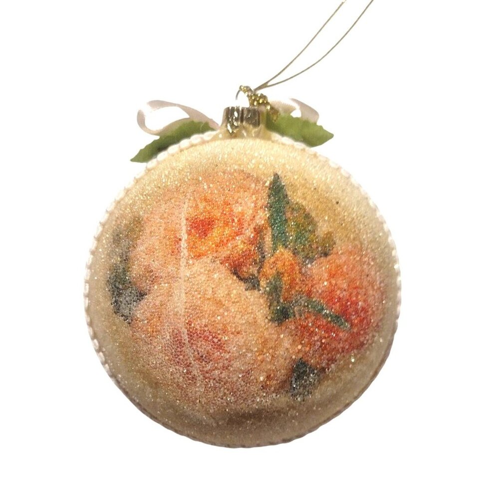 Vintage Creme Pink Sugar Beaded Rose Ball Ornament White Trim Shabby Chic 3"